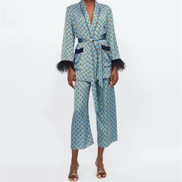 Women's Two Piece Pants Women's Suits Sunc Spring LOOSE Blue Printed Kimono Jacket with Feather Sleeves Wide Leg Pants Two-piece Viintage Clothing Suits 230829