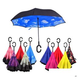 Umbrellas High Quality Umbrella Windproof Reverse Folding Double Layer Inverted Chuva Self Stand Inside Out Rain Protection C-Hook Han Dh6Nl