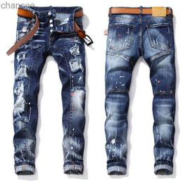 Mens High Quality Slim-fit Ripped Printed Jeans Light Luxury Brand New Denim Pants Youth Fashion Must; HKD230829
