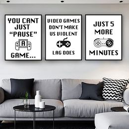 Black and White Game Gamepad Canvas Painting Game Video Posters Art Print Just Five More Minutes Picture for Boys Bedroom Living Room Decor No Frame Wo6