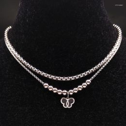 Pendant Necklaces Fashion Butterfly Enamel Stainless Steel Chain Women Double Layer Silver Colour Jewellery Collane N18426S08