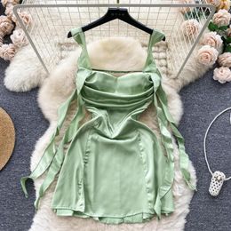 Casual Dresses Summer Women Green Satin Dress Sexy Spaghetti Strap Ribbon Sleeveless Square Neck High Waist Open Back Mini Party Holiday