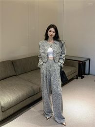 Women's Two Piece Pants Girl Casual Style Suit Autumn Grey Coat High Waist Straight Tube Drop Wide Leg Two-piece Set Female Clothes