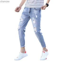 Korean Style Mid-rise Button Zipper Fly Pockets Men Slim Fit Skinny Jeans Ripped Holes Slim Fit Denim Pants Streetwear HKD230829