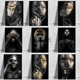 Metal Painting African Art Black and Gold Woman Oil Painting on Canvas Art Posters and Prints Scandinavian Wall Art Picture for Living Room x0829