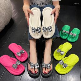 Slippers Women 2023 EVA Lovely And Sweet Flip-flops Black White Plaid Bowknot All-match Fashion Sandals Outside Indoor