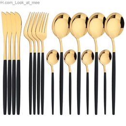 16Pcs Tableware Dinnerware Set Black Gold Cutlery Set Stainless Steel Fork Knife Teaspoon Dinner Silverware Kitchen Flatware Set Q230829