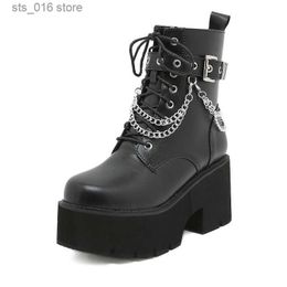 Boots Women Platform Ankle Boots Black Gothic Buckle Pu Leather Woman Creeper Punk Shoes Female Chunky Heel Short Boots Plus Size T230829