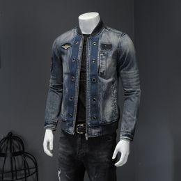 Men's Jackets Men Vintage Stand Collar Pilot Coat Denim Bomber Jacket Plus Size 5xl Slim Fit Zipper Jean Outerwear Fashion Biker Jackets