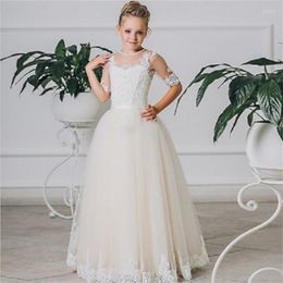 Girl Dresses Lovely Flower Half Sleeve Lace Applique Fluffy Tulle Ball Gown Birthday Party Pageant First Holy Communion
