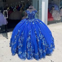 2024 Mexican Blue Shiny Quinceanera Dresses with 3D Floral Applique Lace Vestidos XV 15 Anos Sweet 16 robe de soiree