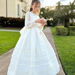 Girl Dresses First Communion Dress Made With Satin Fabric Long Sleeves Vintage-like Laces Bow And Covered Buttons For Closure