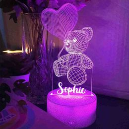 Custom Name Teddy Bear 7 / 16 Coloured Night Light 3D LED Lamp For Children's Room Decor Christmas Birthday Gift HKD230829 HKD230829