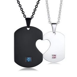 Hollow love shaped zircon Mosaic puzzle military pendant couple necklace men and women simple personality titanium steel pendant