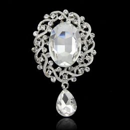 3 Inch Vintage Style Crystal Diamante Dangle Water Drop Bridesmaid Brooch Silver Tone