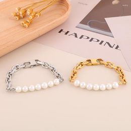 Charm Bracelets Shell Imitation Pearl Beads For Women Stainless Steel "O" Link Chain Bangles Elegant French Jewellery Gift