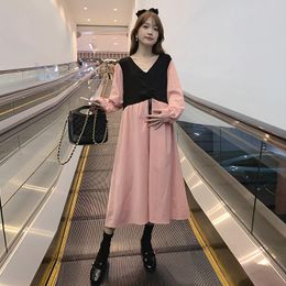 Dresses Korean Style Maternity Autumn Clothes Black Pink Patchwork Drawstring Pregnant Woman Chiffon Dress Long Sleeve Pregnancy Dreses