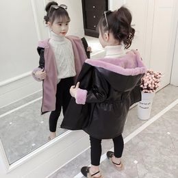 Down Coat Girls Velvet PU Leather Fall Winter Foreign Style Mid-Long Fuzzed Thickened Jacket Kids Hooded Outerwear P227