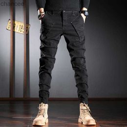 Mens Light Luxury Outdoors Sports Jeans Wear-proof Slim Fit Cargo Pants Army Fans Casual Pants Pure Colour Trendy Trousers; HKD230829