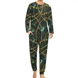 Men's Sleepwear Chain Print Pyjamas Long Sleeve Vintage Damask 2 Pieces Sleep Set Winter Men Graphic Trendy Oversized