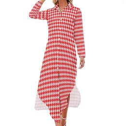 Casual Dresses Houndstooth Speckled Dress Red And White Pattern Stylish Sexy V Neck Chiffon Long Sleeve Vestido 5XL 6XL