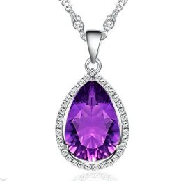 Crystal Womens Necklaces Pendant drop Natural Amethyst angel's tears Purple Diamond women's short clavicle chain gold silver plated LL