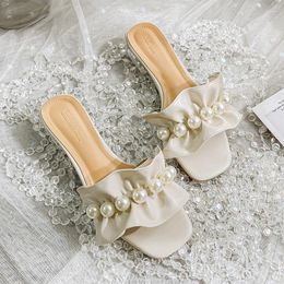 Slippers Crystal Low Heel Pearl Beading Women/girl's Sweet Ruffles Leather Flat Sandals 41-43 Plus Size Pandent Flip Flops