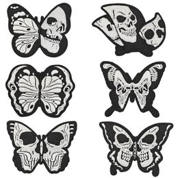 Notions Halloween Iron on Patches Skull Butterfly Embroidered Patch Black White Applique Badge Sew on Emblem for Clothing Jackets Jeans Backpacks