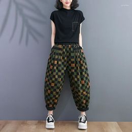 Women's Jeans 2023 Spring Autumn Arts Style Women Cotton Denim Elastic Waist Harem Pants Loose Casual Plaid Ankle-length C803