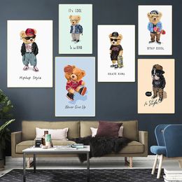 Canvas Painting Hiphop Style Bear Stay Cool Skate King Man Cartoon Fashion Trendy Bear Poster and Print Wall Picture For Boys Bedroom Kids Room Decor No Frame Wo6