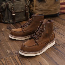 Boots 1907 Vintage Unisex Men Shoes Ankle Handmade Autumn Winter Cow Leather Wings Round Toe Tooling Motorcycle 230829