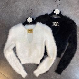 Women's Sweaters Winter Fashion Gold Chains Pullovers Women Sexy V Neck Long Sleeve Slim Femme Tops 2023 Autumn Vintage Knitted