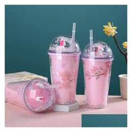 Tumblers Fashion Drinkware Plastic Cups Flower Double-Layer St Cup Transparent Creative Water Lt290 Drop Delivery Home Garden Kitchen Dh2Vz