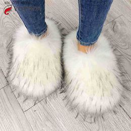 Women Furry Winter Slippers Raccoon Fox Slides Faux Fur Warm Plush Fuzzy Flip Flop Fluffy Amazing Shoes Woman New T23082 2bb6