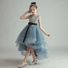 Girl Dresses Flower Dress Illusion O-Neck Sleeveless Baby Blue Sequined Embroidery Princess Knee-Length Tulle Lace Kids Party Gown H384