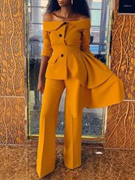 Women's Two Piece Pants Office Wear Women Pant Suits 2023 Autumn Long Sleeve Slash Neck Irregular Blazer Coat High Waisted Solid Wide Leg