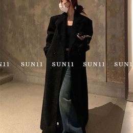 Womens Wool Blends Lautaro Autumn Winter Long Black Thickened Warm Coat for Women Double Breasted Fashion in Outerwears 230828