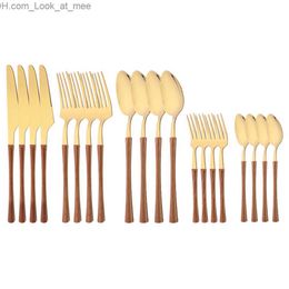 Brown Gold 20Pcs Stainless Steel Cutlery Set Knife Fork Coffee Spoon Dinnerware Imitation Wood Handle Tableware Kitchen Flatware Q230829