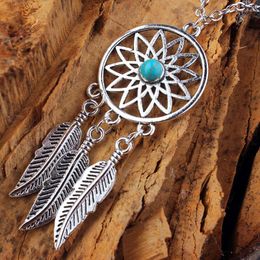 Pendant Necklaces Gothic Retro Dream Catcher Necklace For Women Ancient Silver Color Feather Leaf Chain Jewelry Wholesale VGN094