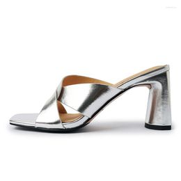 Slippers Arden Furtado 2023 Summer Women Cowhide Square Toe Open Chunky Heels Versatile Elegant Silver
