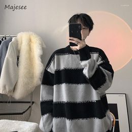Men's Sweaters Pullovers Men Casual Daily Loose Round Neck Spring Autumn Spliced All-match Striped Knitwear Hong Kong Style Teenagers