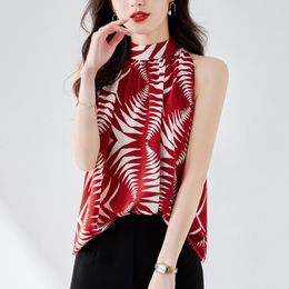 Women's Blouses Summer 2023 Women Blouse Elegant Red Chiffon Sleeveless Geometric Print Pullover V-Neck Top Office Lady Fo Rmal Shirts