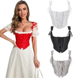 Women Front Lace-up Overbust Brocade Cropped Corset Top with Shoulder Straps Fashion Short Bustier Vest Multicolor S-3XL