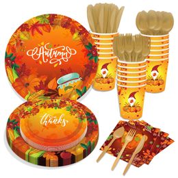 Disposable Flatware Autumn Thanksgiving Maple Leaf Paper Plates Party Supplie And Napkins Birthday Set Dinnerware Serves 8 Guests For Dh7Wm