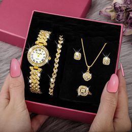 Necklace Earrings Set Fashion Luxury Full Crystal 5 Pcs Watch Ring For Women Rhinestone Wristwatch Female Bracelet Gift