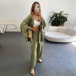 Women's Two Piece Pants 2023 Spring And Summer Fashion Casual Cotton Linen Suit Cardigan Long-sleeved Top Pocket Wide-leg Trousers Two-piece