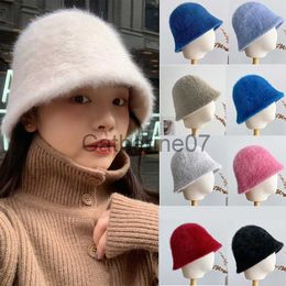 Stingy Brim Hats Winter Artificial Rabbit Fur Bucket Hats For Women Girls Outdoor Thickened Warm Panama Solid Color Foldable Furry Fisherman Caps J230829