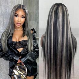 grey highlight transparent lace frontal wig human hair straight blonde highlight wig dark roots lace front wig