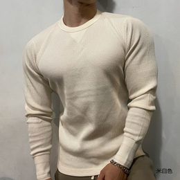 Men's Sweaters 315g Fitness Sports Waffle TShirt Men Cotton Knitted Muscle Slim Fit Pullover Tops Leisure Round Neckline Long Sleeve Jumpers 230828