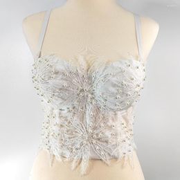 Women's Tanks Corset Pearl Embroidered Lace Flower Decoration Camis Bra Women Crop Top Backless Solid Color Party Sexy Clothes 2023 Summer